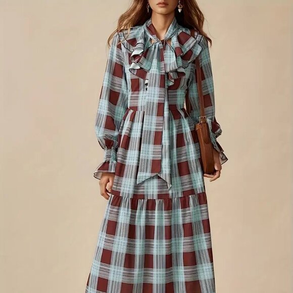 Plaid Boho Spilled Ruffle Collar Maxi Dress - Picture 2 of 6